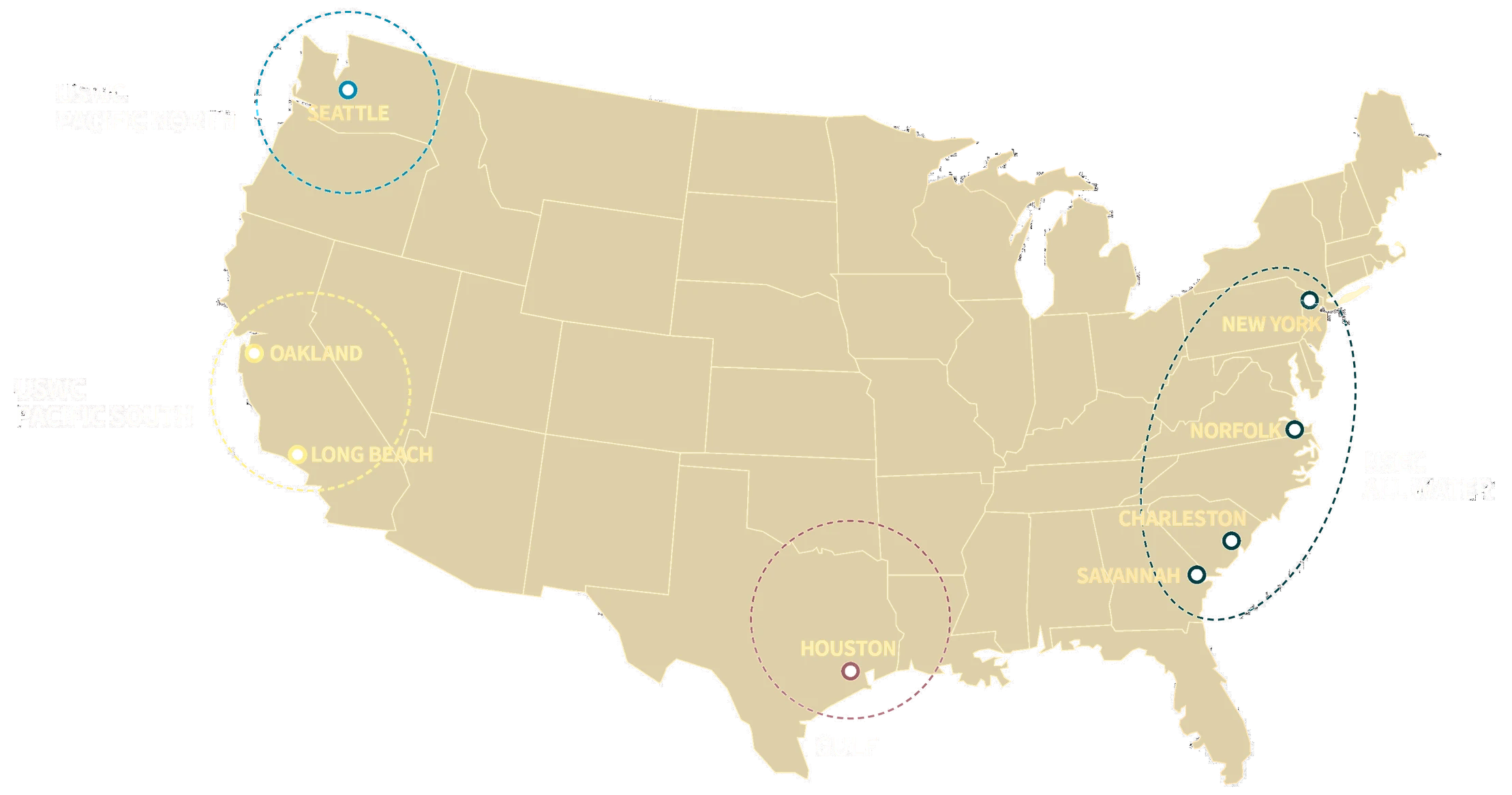미국 지도 — USWC Pacific North(Seattle), USWC Pacific South(Oakland, Long Beach), Gulf(Houston), USEC All Water(New York, Norfolk, Charleston, Savannah)